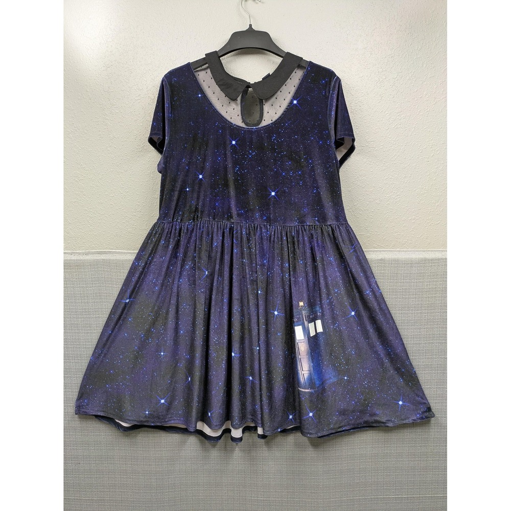 Torrid Dress Womens 3 Blue Doctor Who TARDIS Galaxy Velour Fit & Flare Peter Pan